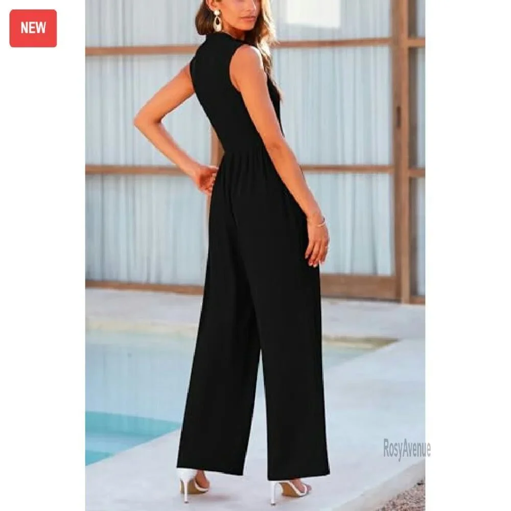 Sleeveless Mock Neck Wide Leg Jumpsuit with Pockets - Ribbed Knit